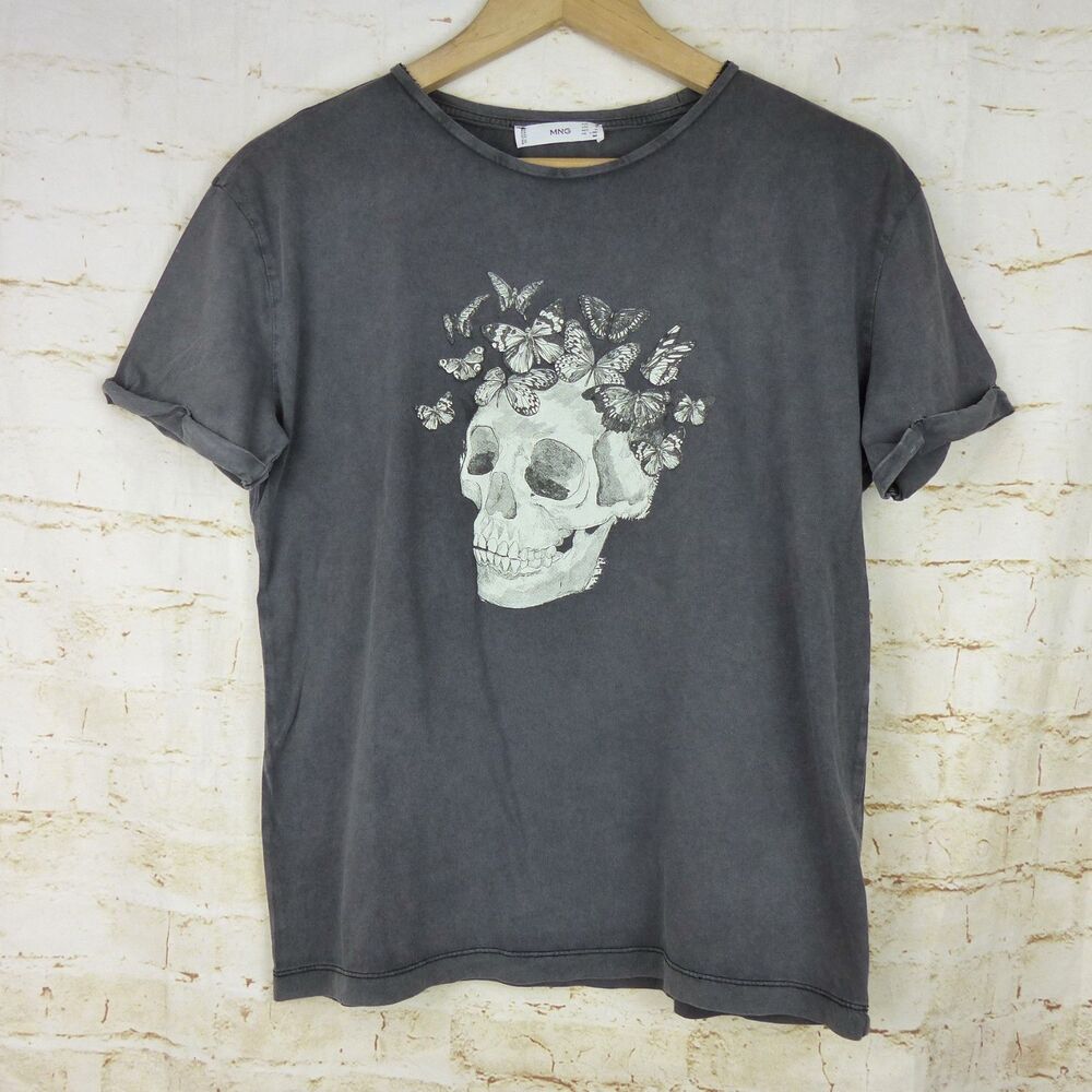 Mango MNG T-Shirt Womens S Gray Skull Butterfly Graphic Tee Rock Goth Macabre